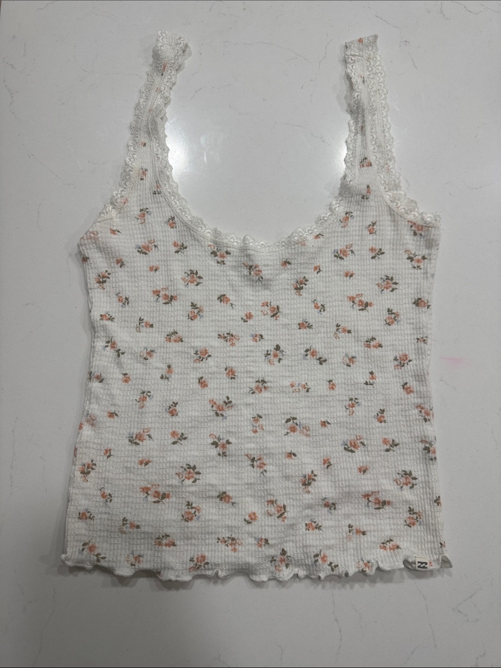 Billabong Cream Ribbed Floral Lace-Trim Tank